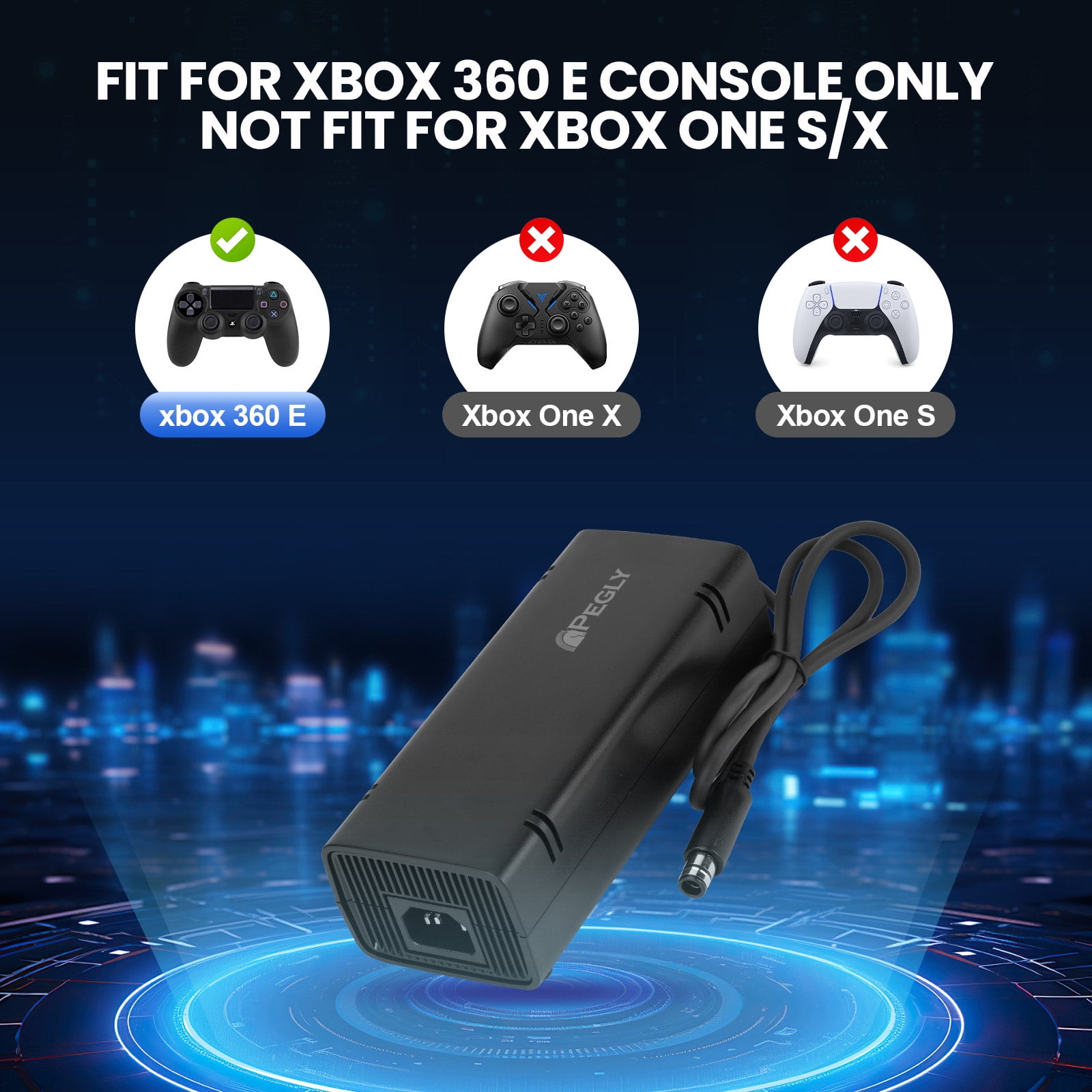 PEGLY Power Supply for Xbox 360 E, Power Supply Brick with Power Cord, AC Adapter Power for Microsoft Xbox 360 E Console, 100-240V