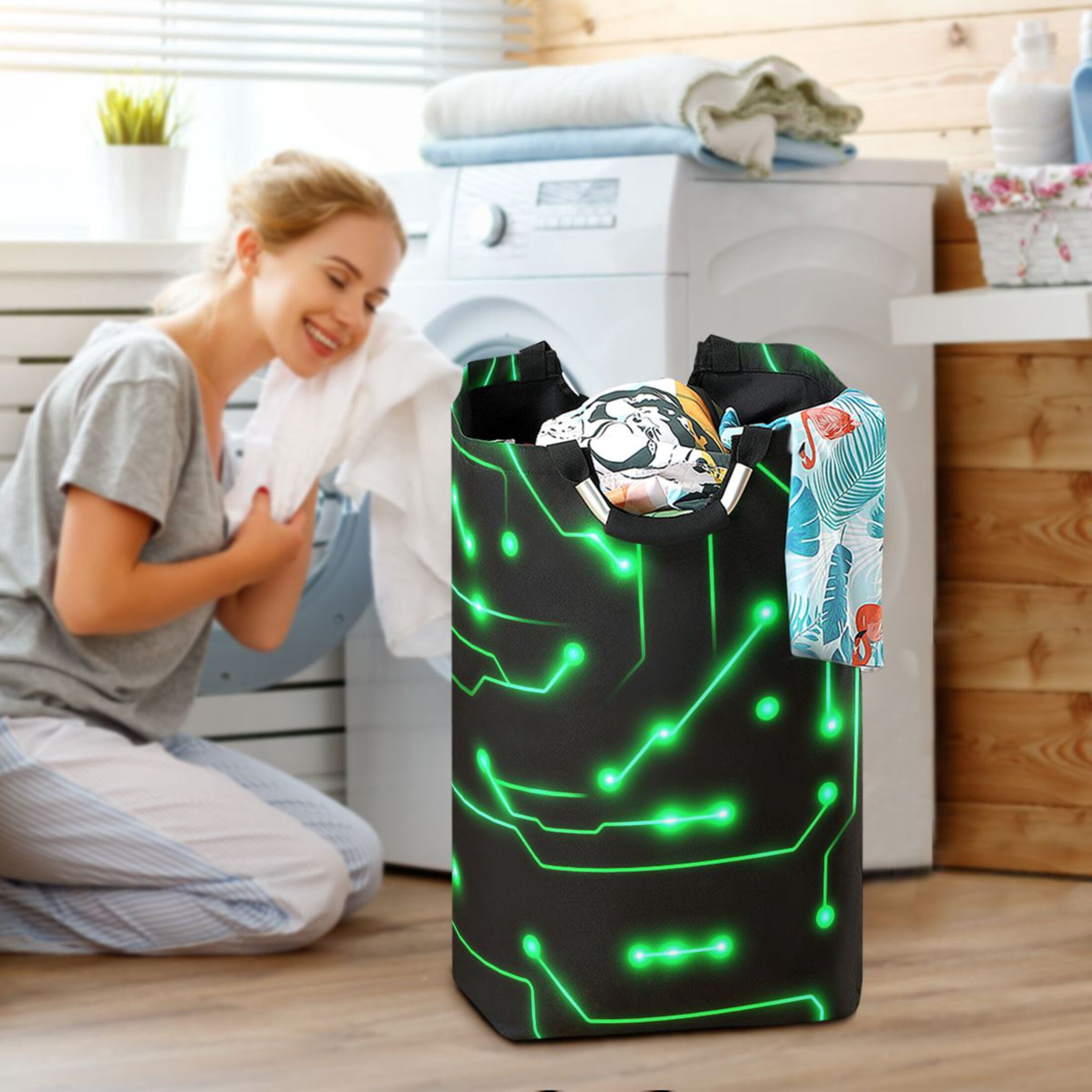Neon Circuit Design Foldable Laundry Hamper 12.6x11x22.7in with Handles for Bathroom Bedroom Storage