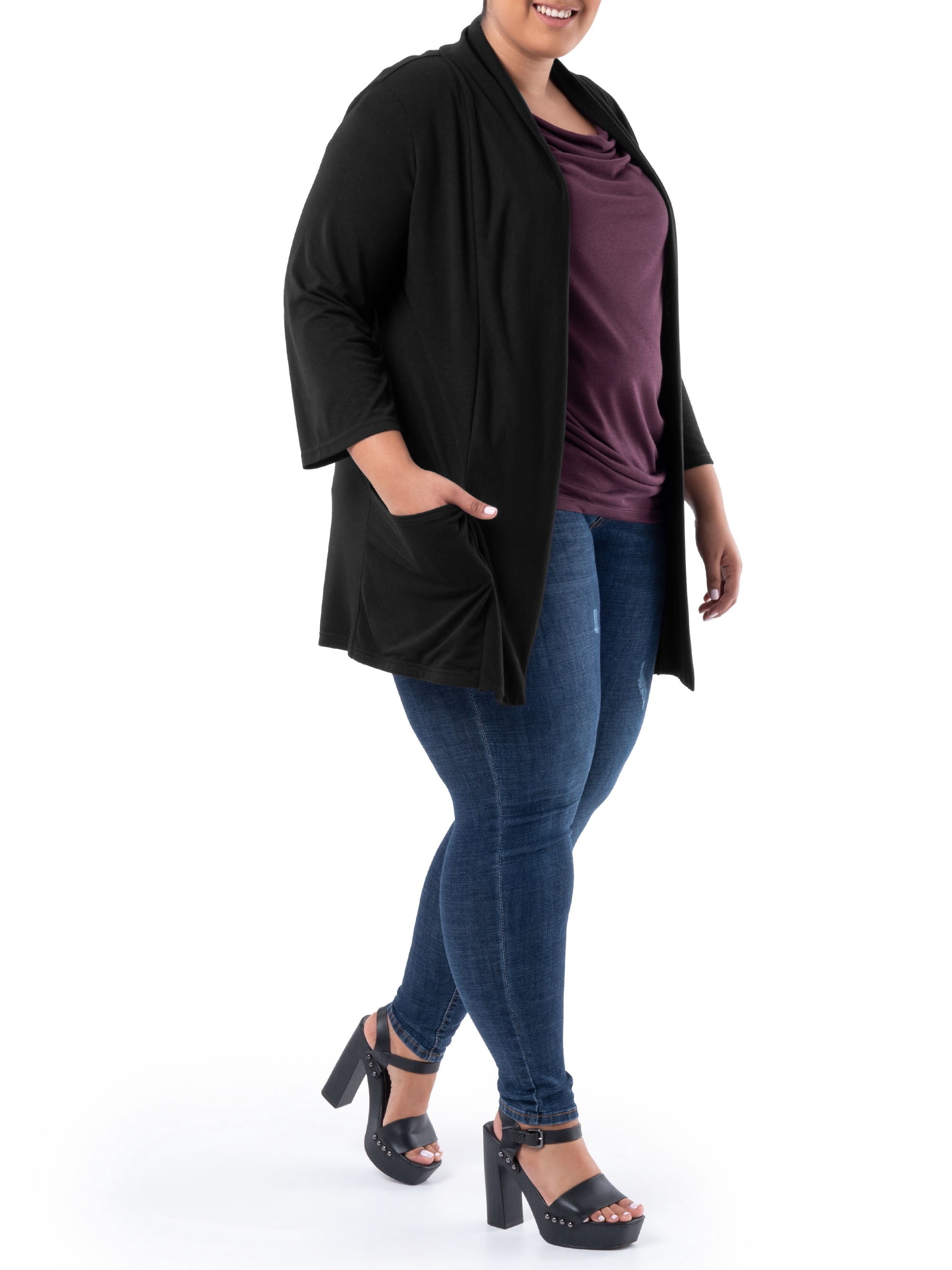 Wright's Women's Plus Size 3/4" Sleeve Draped Open Front Jersey Pocket Cardigan, 1X-4X