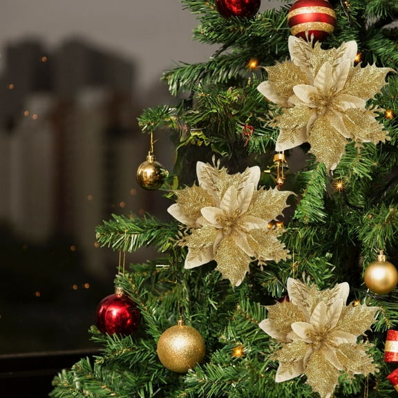 Christmas Tree Flower Decorations Set 10pc – Artificial Glitter Ornaments with Clips | Red Gold Silver Plastic | 5.5in Each, Durable Holiday Decor for Christmas Party Tree Displays