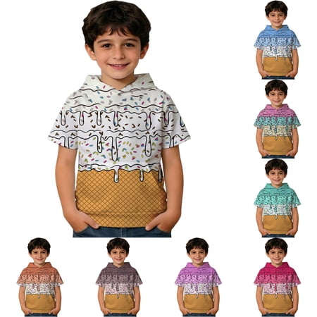 Rggeeun Baby Boys Pullover Hoodie Cartoon Cute Ice Pattern Hooded Short Sleeve Casual Soft Smooth Lightweight Relaxed Fit for Fall Playground Versatile Tops White 11-12 Years