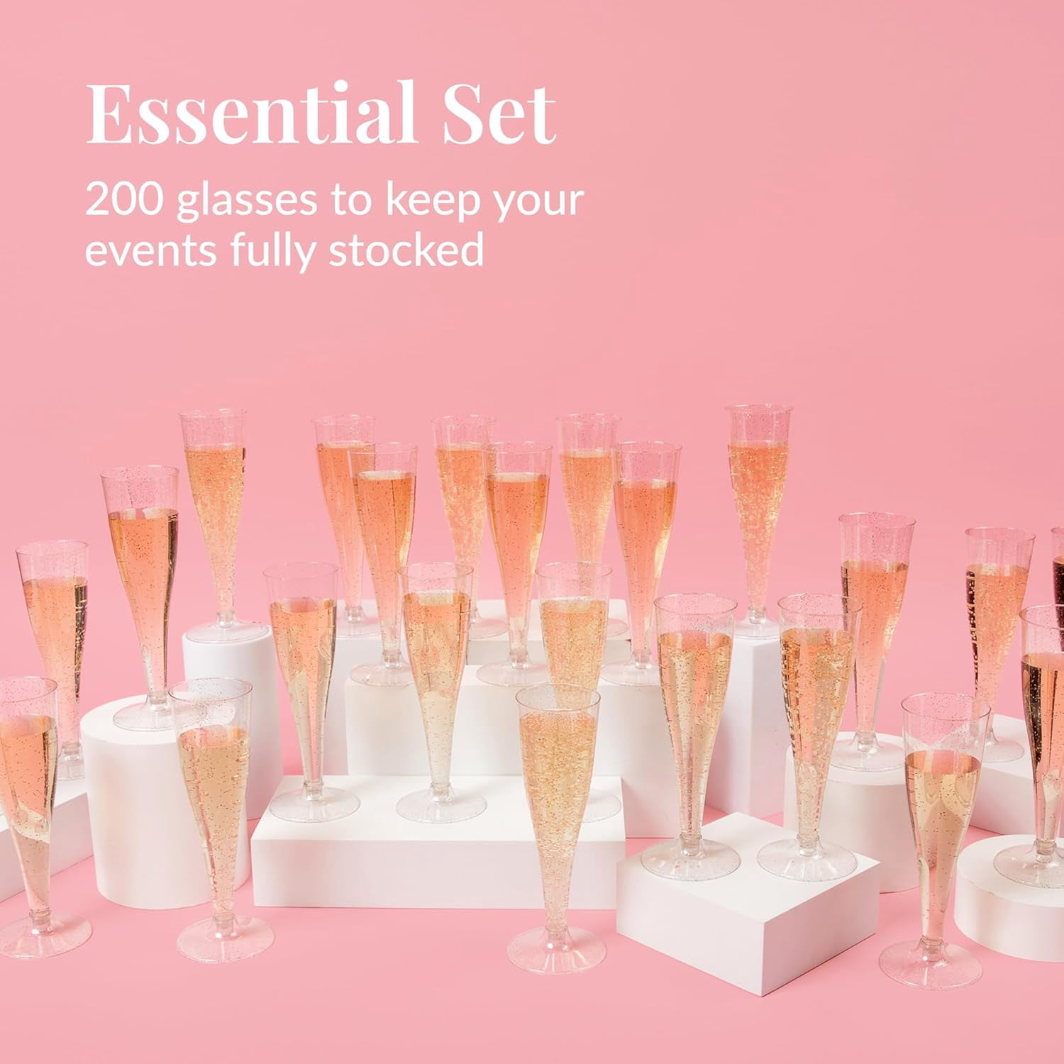 200 Disposable Champagne Flutes Gold Glitter Glasses - 6 Oz Plastic Champagne Cups for Parties, Wedding Toasts, Mimosa Bar, and New Year’s Eve - Elegant Bulk Gold Plastic Wine Flutes