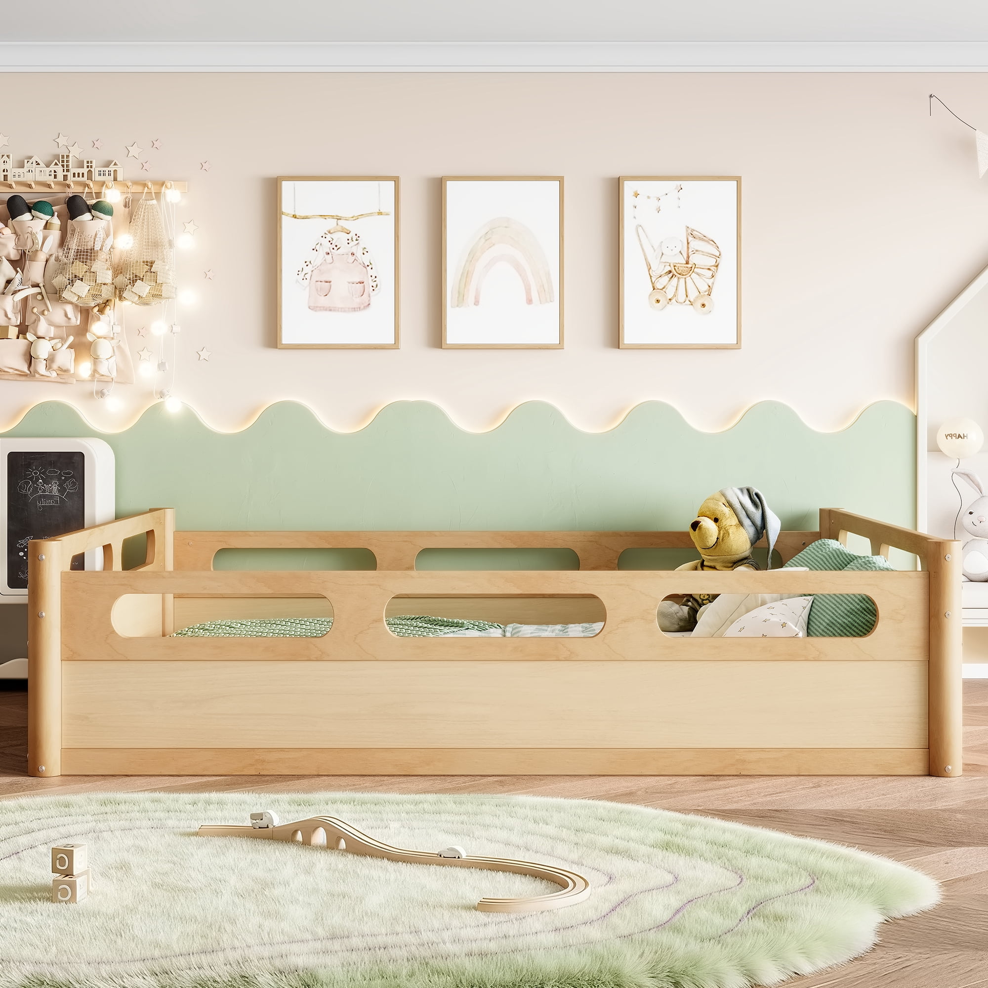 Leumius Full Size Floor Bed with Full-length Guardrails,Low Profile Montessori Bed Frame,Easy Assembly, No Box Spring Needed,Natural