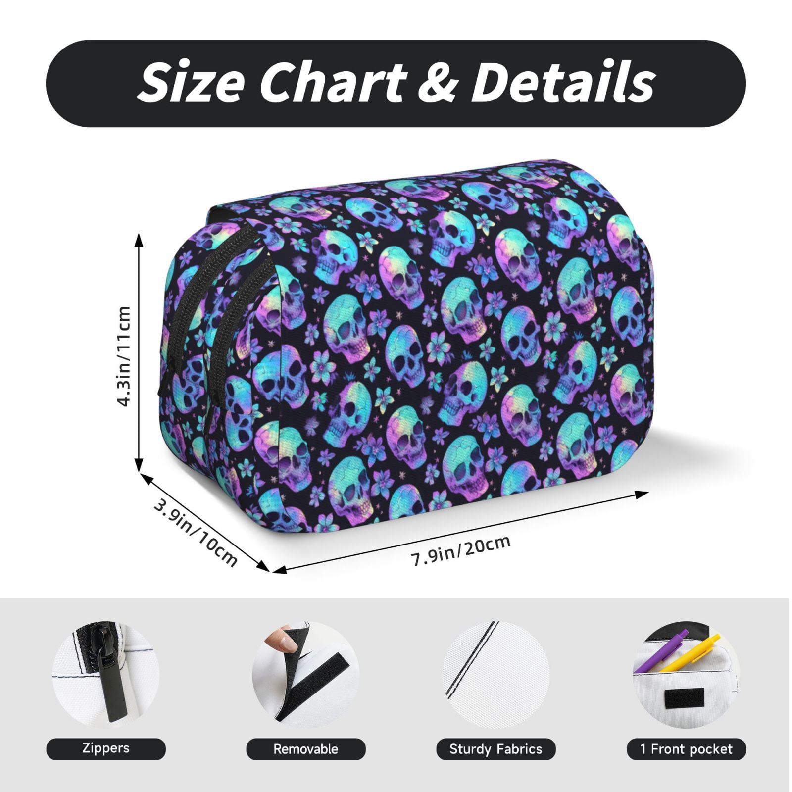 Rateoe Skull flower tie dye Pattern Double Clamshell Pen Case, Storage Organizer with Two Zipper Compartments– Holds Up to 50 Pencils & Pens