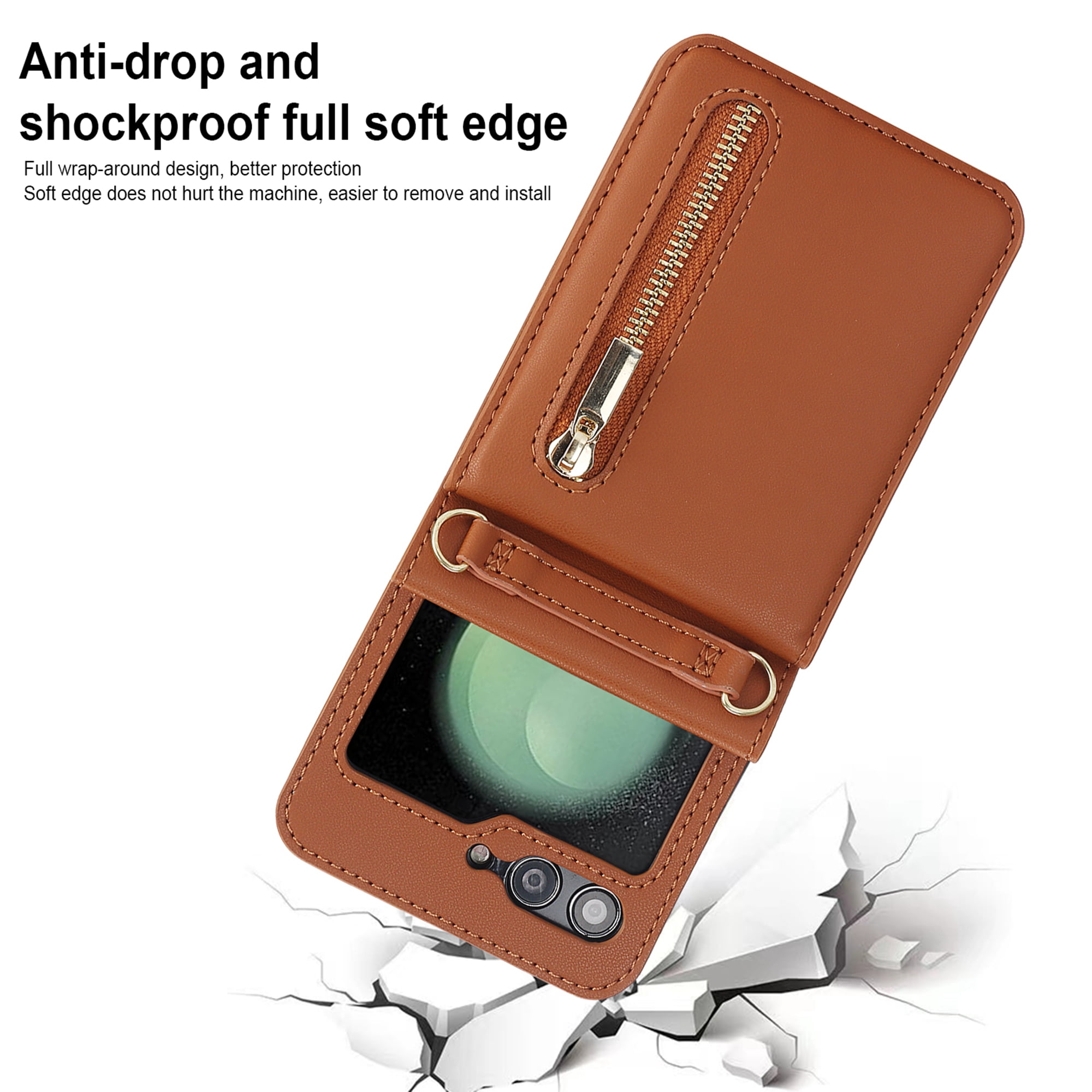Decase for Samsung Galaxy Z Flip 5 Luxury Zipper Wallet Phone Case, Multi-Function Kickstand Card Holder Adjustable Fashion Flip Cover Case with Crossbody Strap for Samsung Z Flip 5 5G,Brown