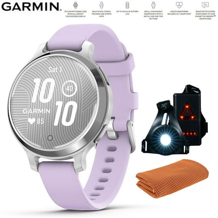 Garmin 010-02891-01 Lily 2 Active Smartwatch Silver with Purple Jasmine Silicone Band Bundle with Workout Cooling Sport Towel and Deco Essentials Wearable Commuter Front and Rear Safety Light