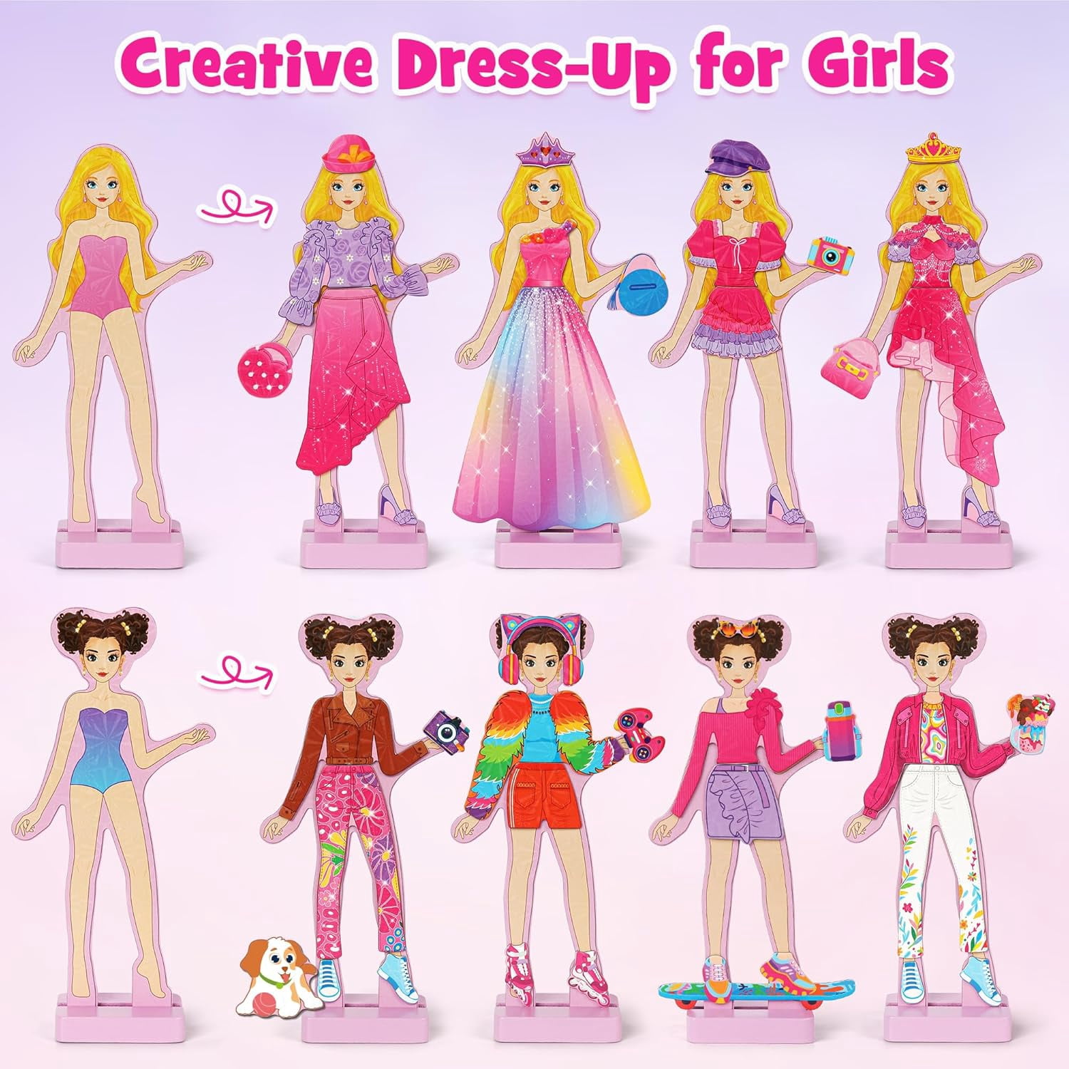 Mocoosy Wooden Magnetic Dress Up Dolls for Girls, 2 Magnet Dolls with Wood Case, Travel Game Airplane Car Road Trip Essential Toy On The Go Activity Set Easter Birthday Gift Girls 3 - 8 Year Old