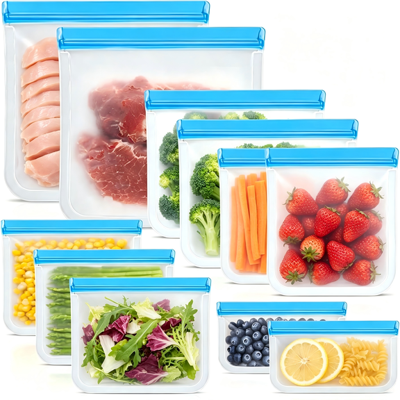 Reusable Silicone Food Storage Bags, 10 Pack 4 Sizes – Leak Proof, Dishwasher Safe Freezer Bags for Sandwich, Marinating Meat, Fruit, Lunch, and Pantry Organization