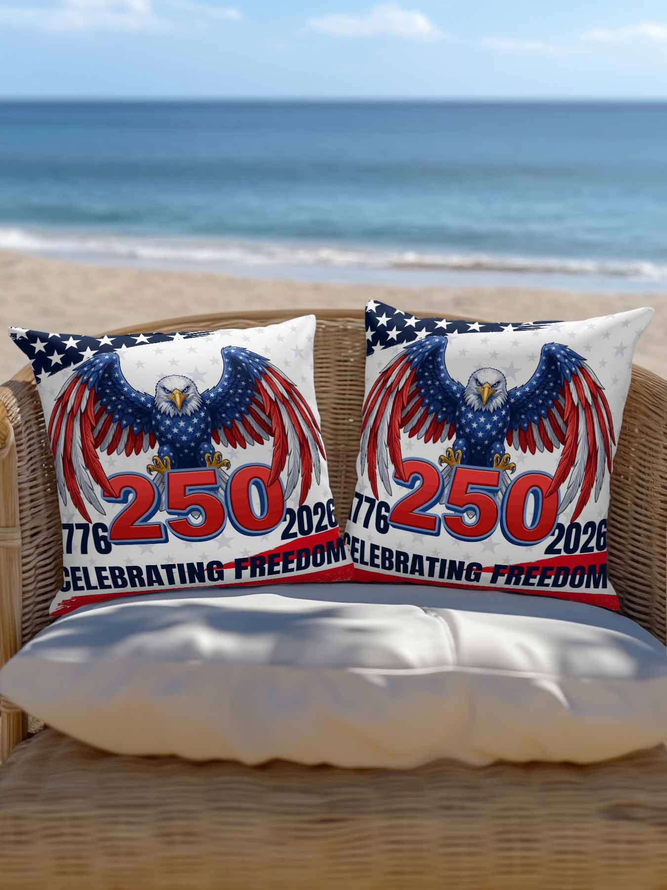 1 Pack Outdoor Throw Pillow, 250 Year American Anniversary Flag Waterproof Pillow with Insert Included, Eagle Red Blue Decorative Accent Cushion Sofa Pillows for Patio Porch, 16 x 16 In