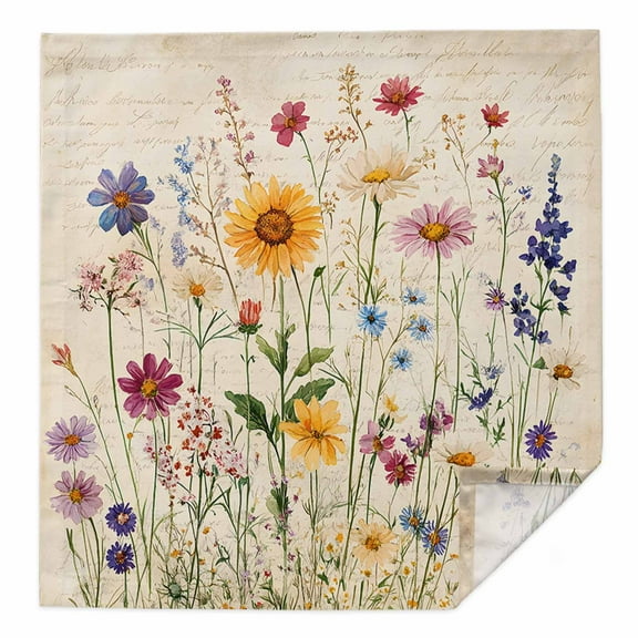 Botanical Floral Cloth Napkins Washable Set of 1, Retro Purple Pink Yellow Wildflowers Reusable Dinner Table Napkins Cloth Bulk for Weddings Kitchen Restaurants Hotel Events Parties 20 x 20 Inch