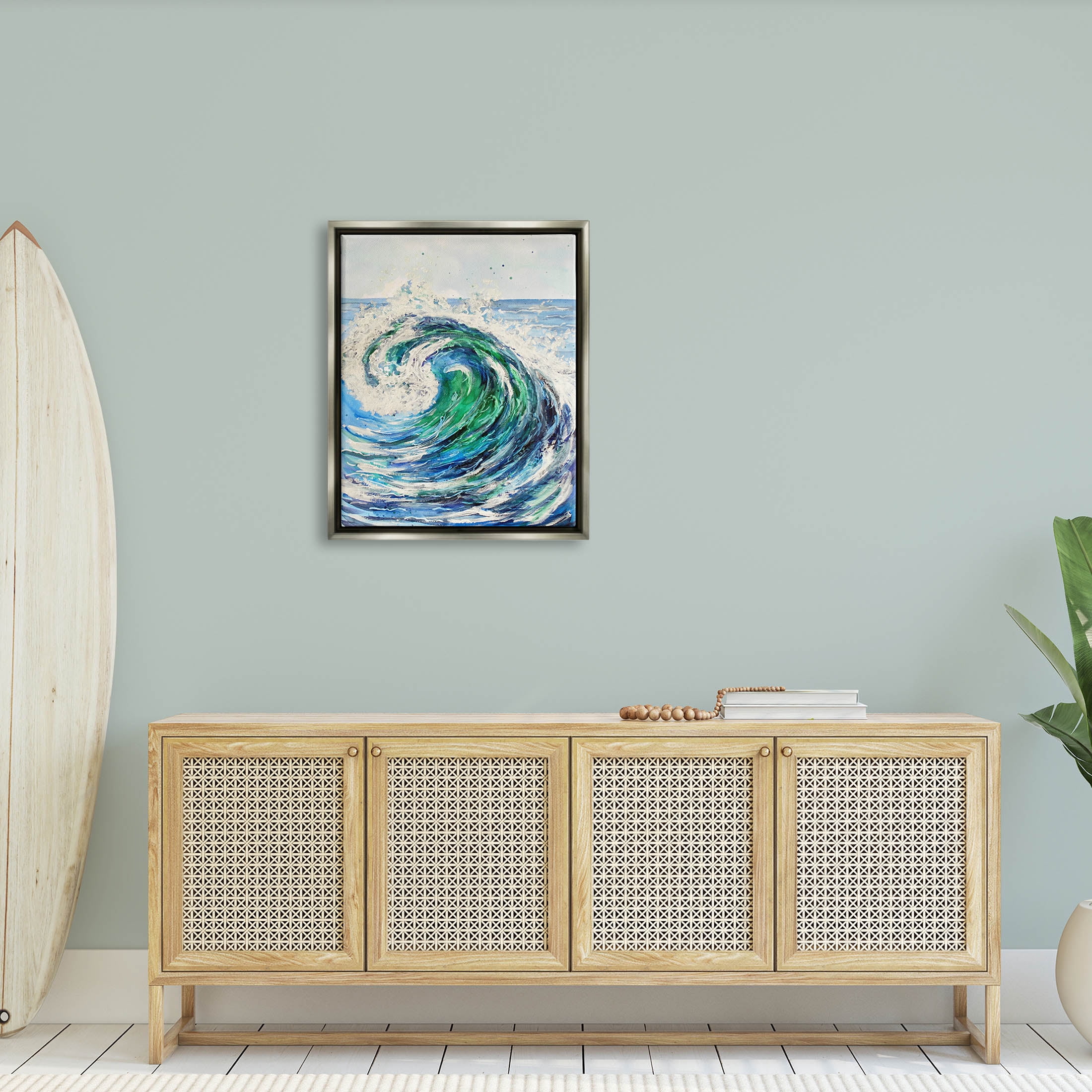 Tsunami Wave Ocean Splash Coastal Painting Luster Gray Framed Art Print Wall Art