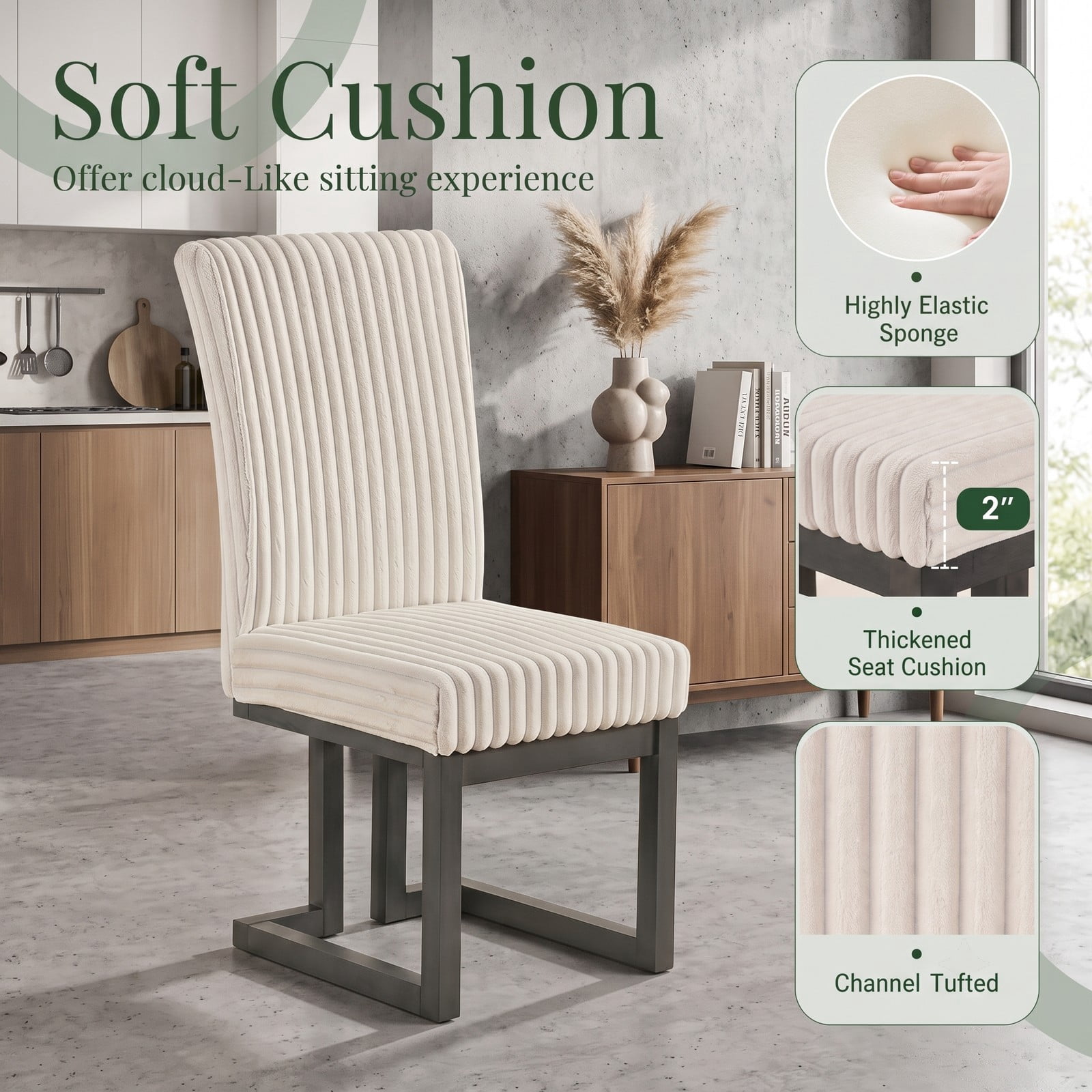 Furnibear Upholstered Dining Chairs Set of 2, Fabric Accent Kitchen Side Chairs with Solid Rubber Wood Legs, Padded Cushion Seat & Channel Tufted, Living Room - Beige
