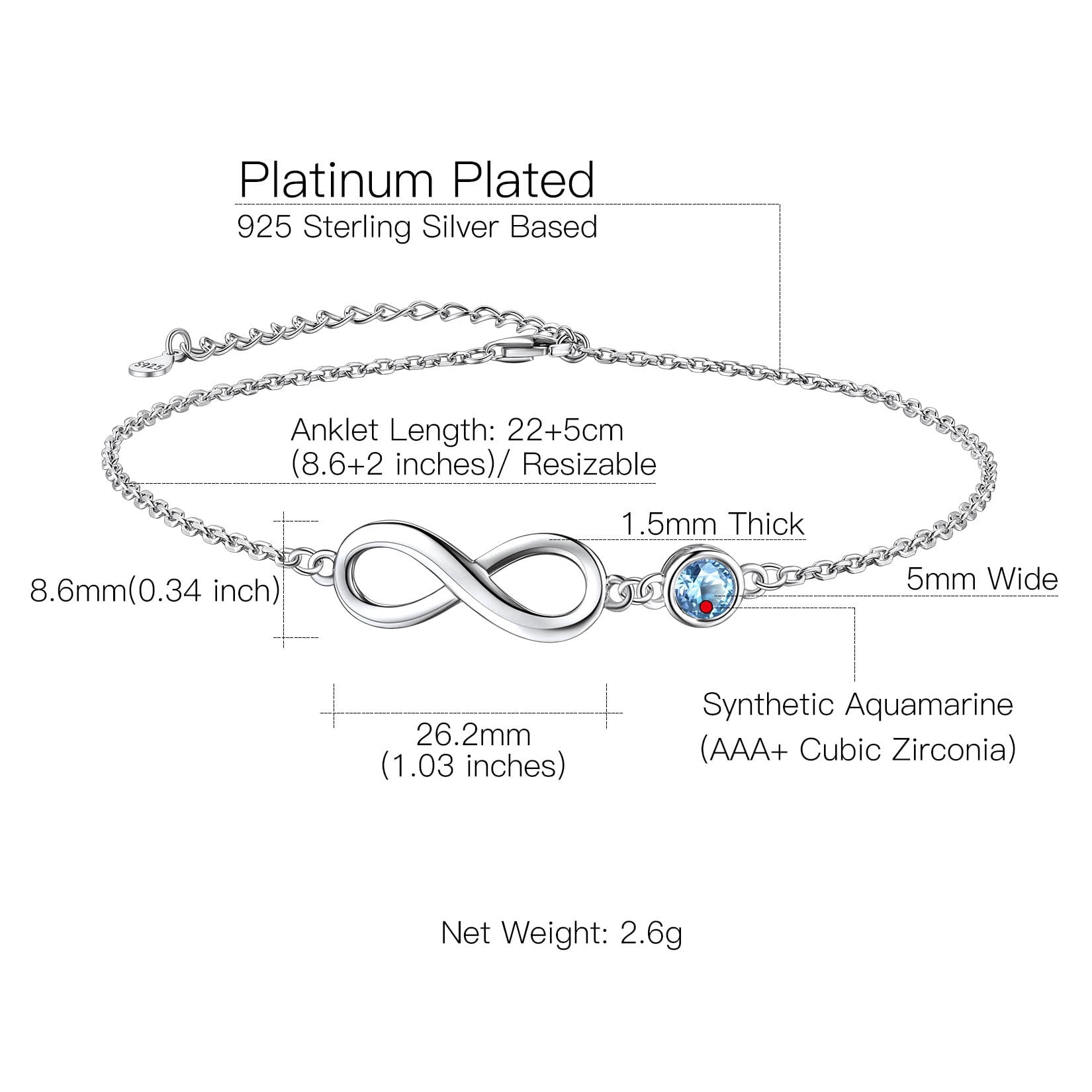 Suplight 925 Stelring Silver Infinity Birthstone Anklet, Dainty Foot Chain Crytal Anklet Bracelets for Women