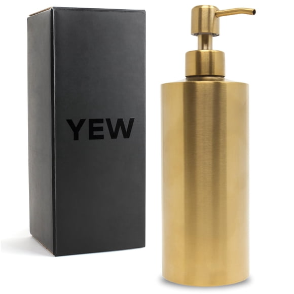 Yew Design Dispensador de jabón de latón dorado de acero inoxidable para fregadero de baño y cocina, bomba dispensadora de jabón para platos de mano redonda recargable de 15 oz para loción detergente