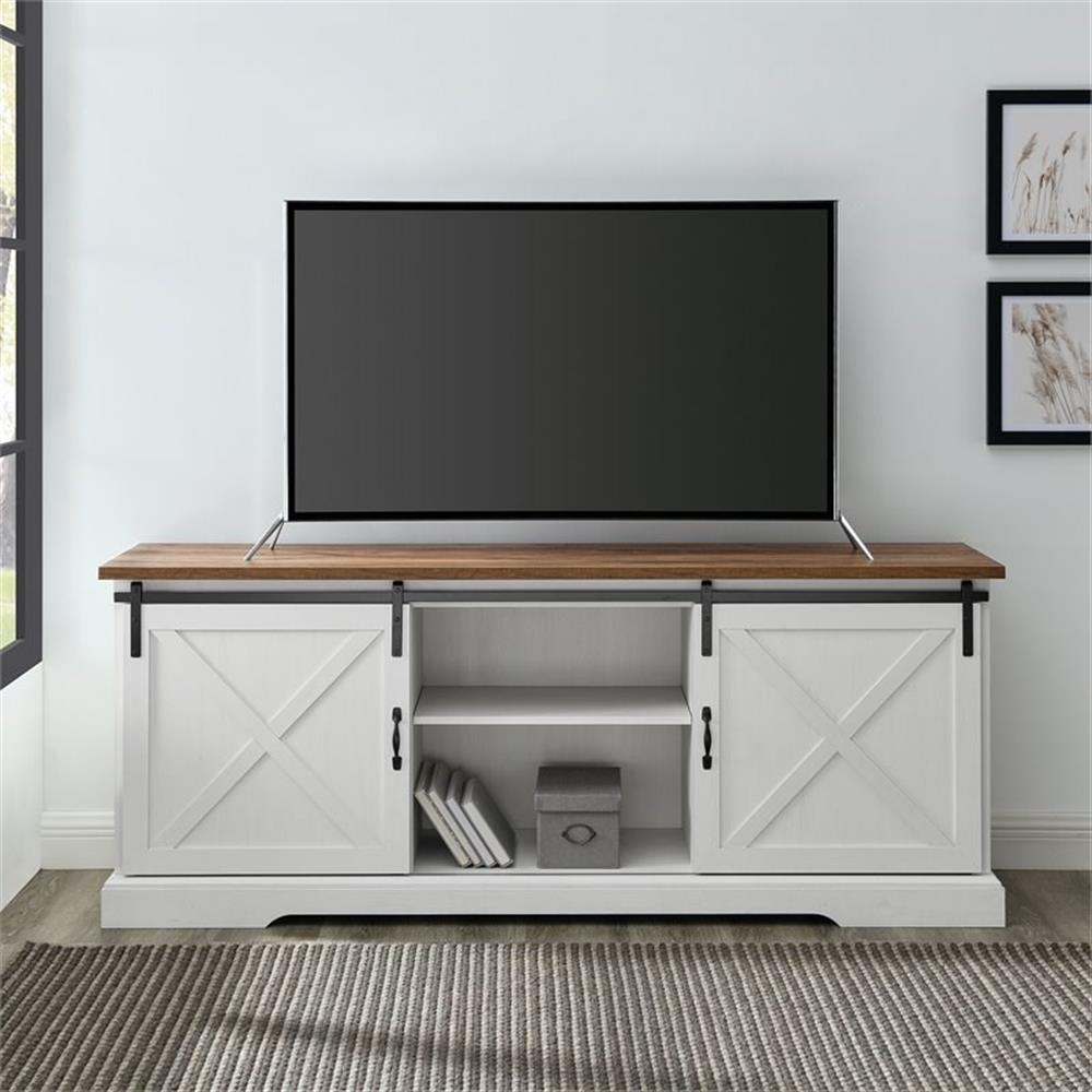 Walker Edison Sliding Barn Door 70" Farmhouse Wood TV Stand in White/Black