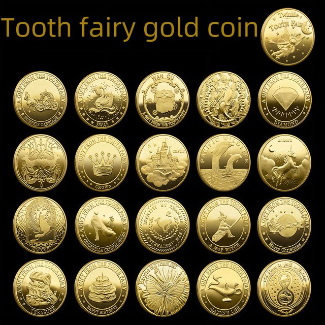 moneda de oro del hada de los dientes de dibujos animados moneda conmemorativa bañada en oro regalo de cambio de dientes para niños medallón conmemorativo del hada de los dientes medallón, vista frontal centrada de medallones bañados en oro con diseños en relieve del hada, coronas, castillo y animales, borde estriado y acabado visible sobre fondo negro; adecuado como regalo de cambio de dientes para niños y pieza coleccionable.