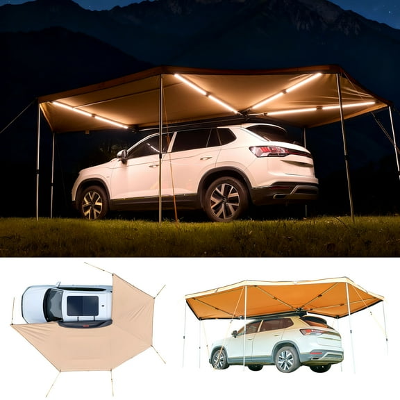 VEVOR 270 Degree Awning with Bulit-in LED Lights, 133 sq.ft Driver Side Vehicle Awning, Waterproof UV50  Car Side Awnings, All-Weather Free-Standing Overland Awnings Car Shelter for SUV Truck Camping