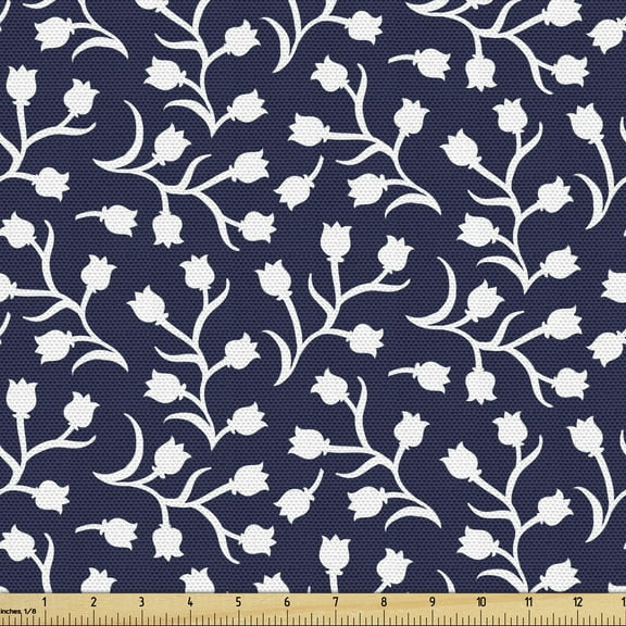 Ambesonne Oriental Fabric by the Yard Upholstery, Ethnic Monochrome Tulips, 5 Yards, Dark Violet Blue White
