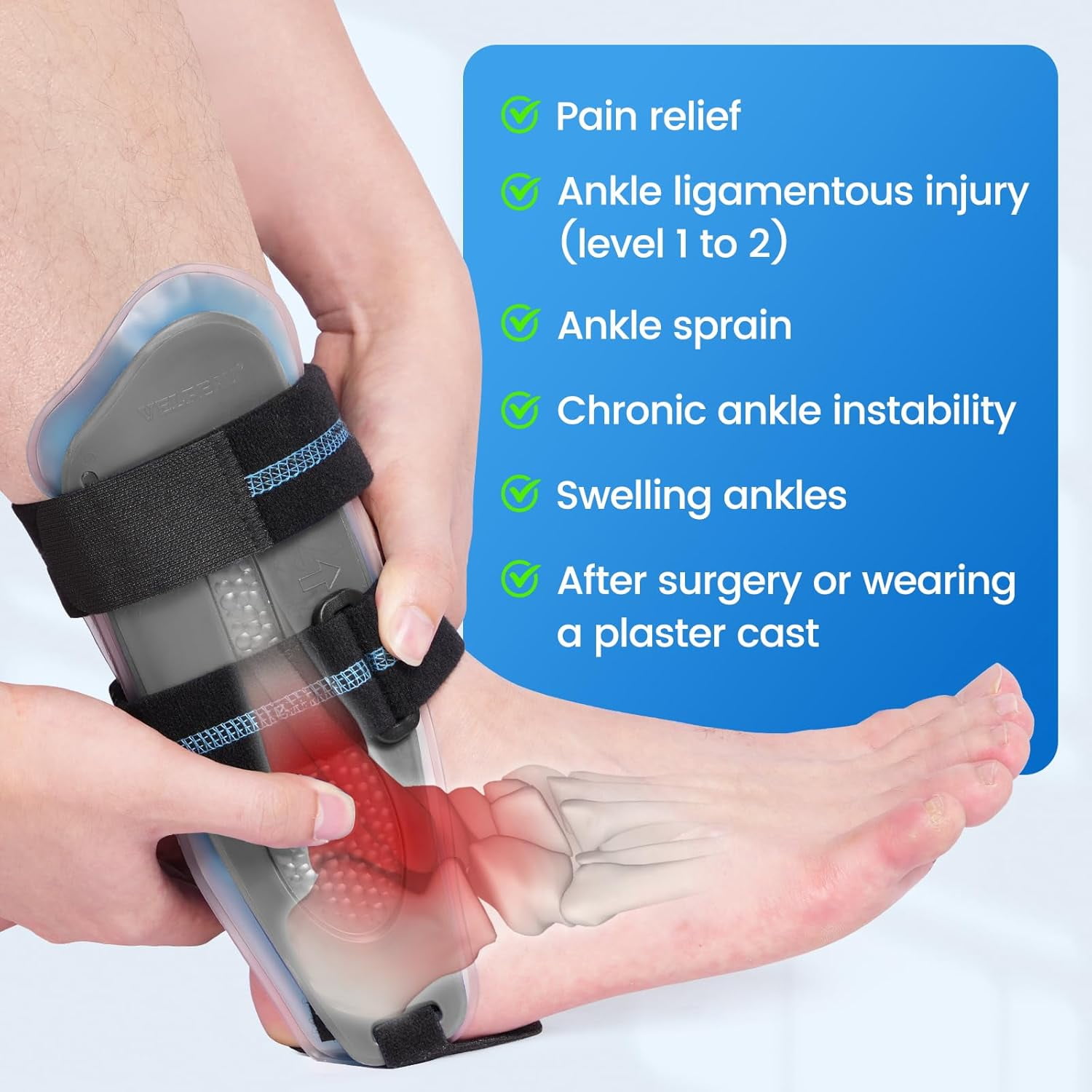 Velpeau Ankle Support Brace for Men & Women, Ankle Stabilizer, Stirrup Splint for Sprains, Tendonitis, Volleyball, Basketball, Sprained Ankle, Reversible Left & Right Foots, One Size (Gel Pad, Grey)