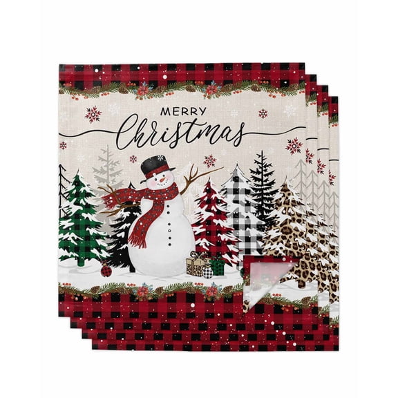 Christmas Cloth Napkins Set of 4, Rustic Red Plaid Tree Xmas Snowman Washable Reusable Dinner Cocktail Napkin for Kitchen Party Wedding Banquet Holiday Baby Shower Table Decor