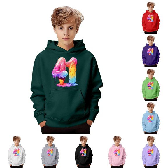Tanghaowl Girls Pullover Boys Girls Graphic Print Hooded Sweatshirt Casual Pullover Jacket with Front Pocket for Children Youth Dark Green 7-8 Years