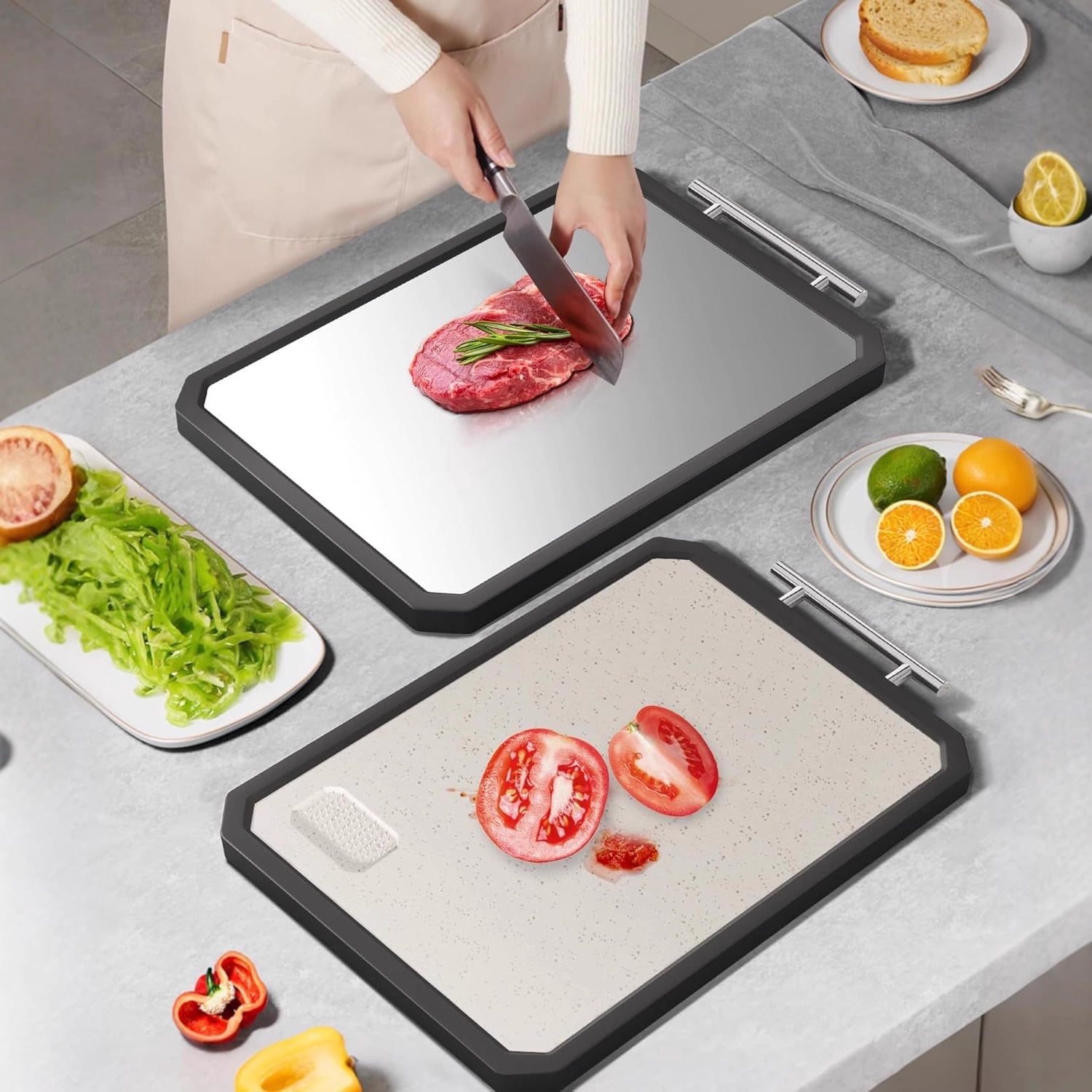 TOPCHANCES Titanium Cutting Board for Kitchen, Double Sided Chopping Board, Titanium Cutting Mat with Juice Groove, Metel Handle & Anti-slip Silicone Edges, 11*16in