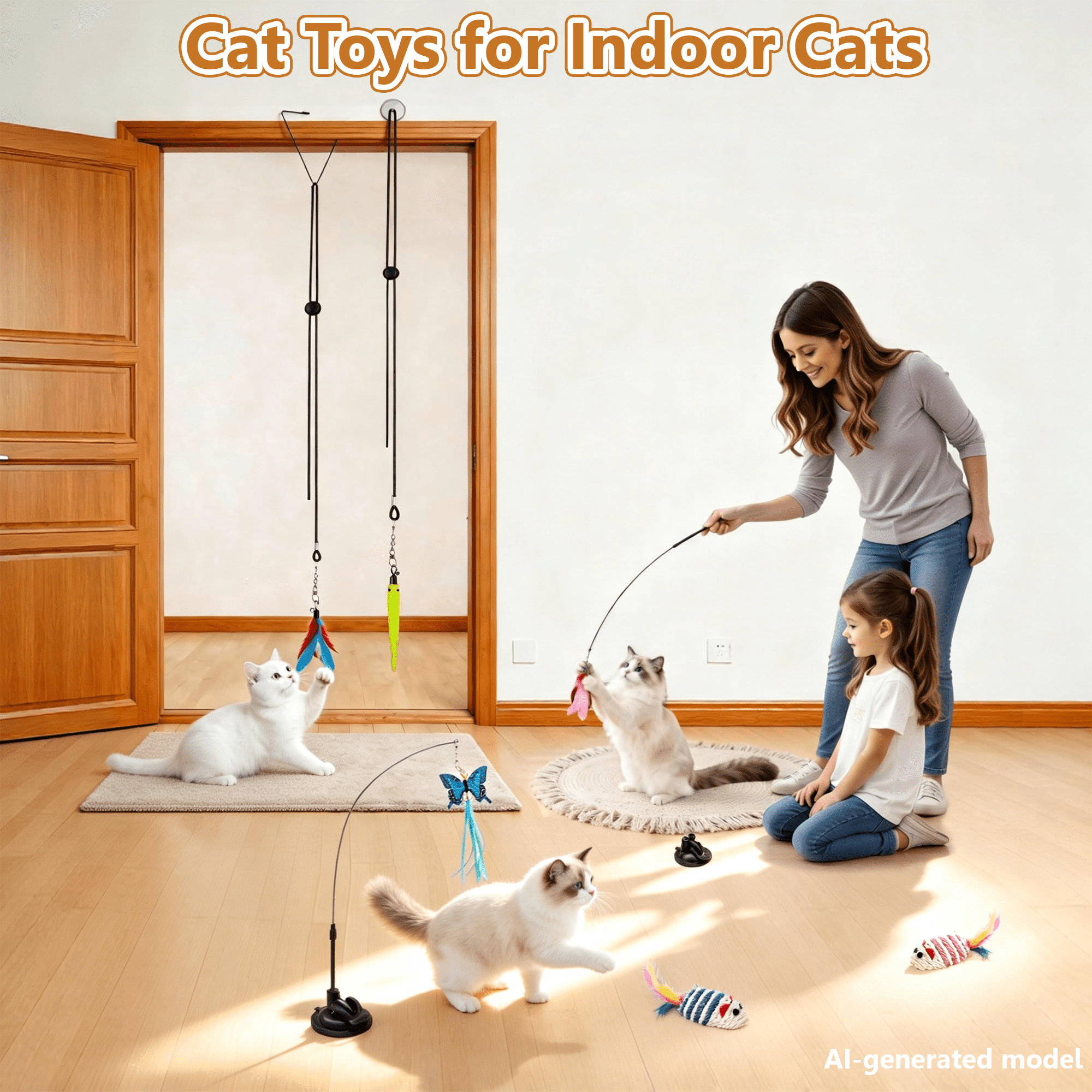 14 Pack Cat Toys for Indoor Cats, 4 in 1 Suction Cup Cat Teaser Wand Toy with Feather Butterfly Mouse Worm Refills, Interactive Hanging Kitten Play Toys