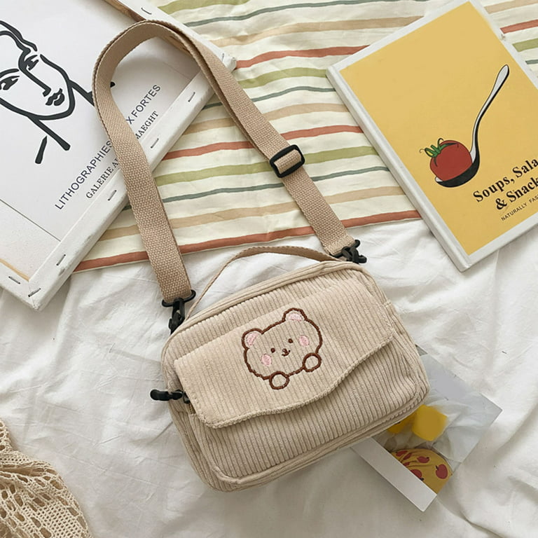 Cute Cartoon Messenger Tote Bag Crossbody Bag Corduroy Bear Student Shoulder  Bag Lolita Girl Handbag for Daily Use 