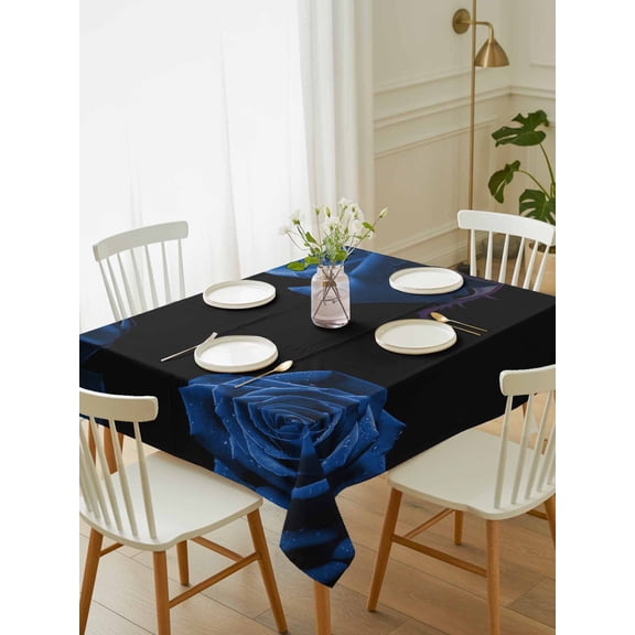 Blue Rose Tablecloth Rectangle Table Cloth 60x102, Waterproof Tablecloth Outdoor Table Cloth, Vintage Abstract Garden Flower Floral Black Washable Table Cover for Kitchen Dinning Party