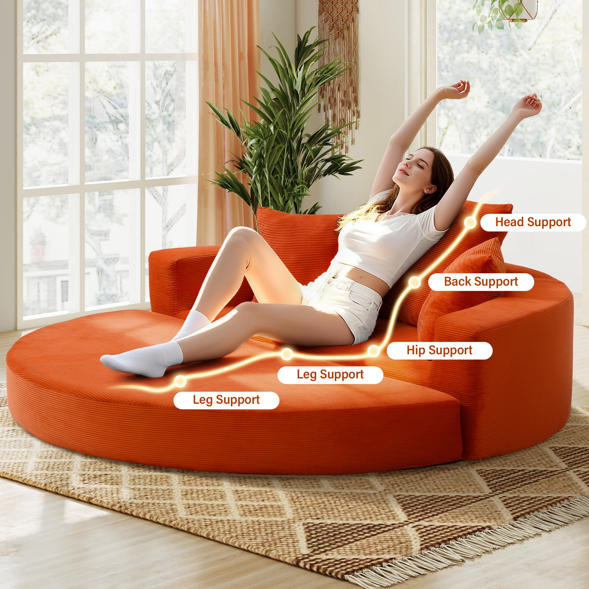 Aukfa 67" Round Convertible Folding Sofa Bed, Corduroy Futon Sleeper Couch with Pillows for Small Spaces and Living Rooms, Orange