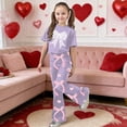 thumbnail image 2 of 2 Piece Set for Girls Valentines Heart Print Bow Detail Short Sleeve Top and Wide Leg Pants Cute Outfit for Kids, 2 of 4