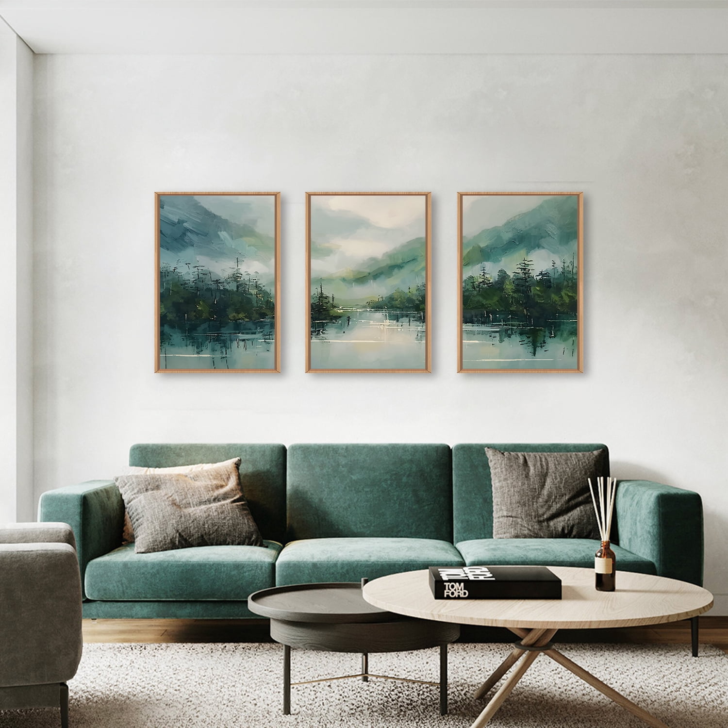 Large Geen Forest Mountain Framed Canves Wall Art Set,Misty Watercolor Artwork,Abstract Modern Nature Pine Tree Landscape Painting for Living Room,Bedroom,Office-16''x24''x3