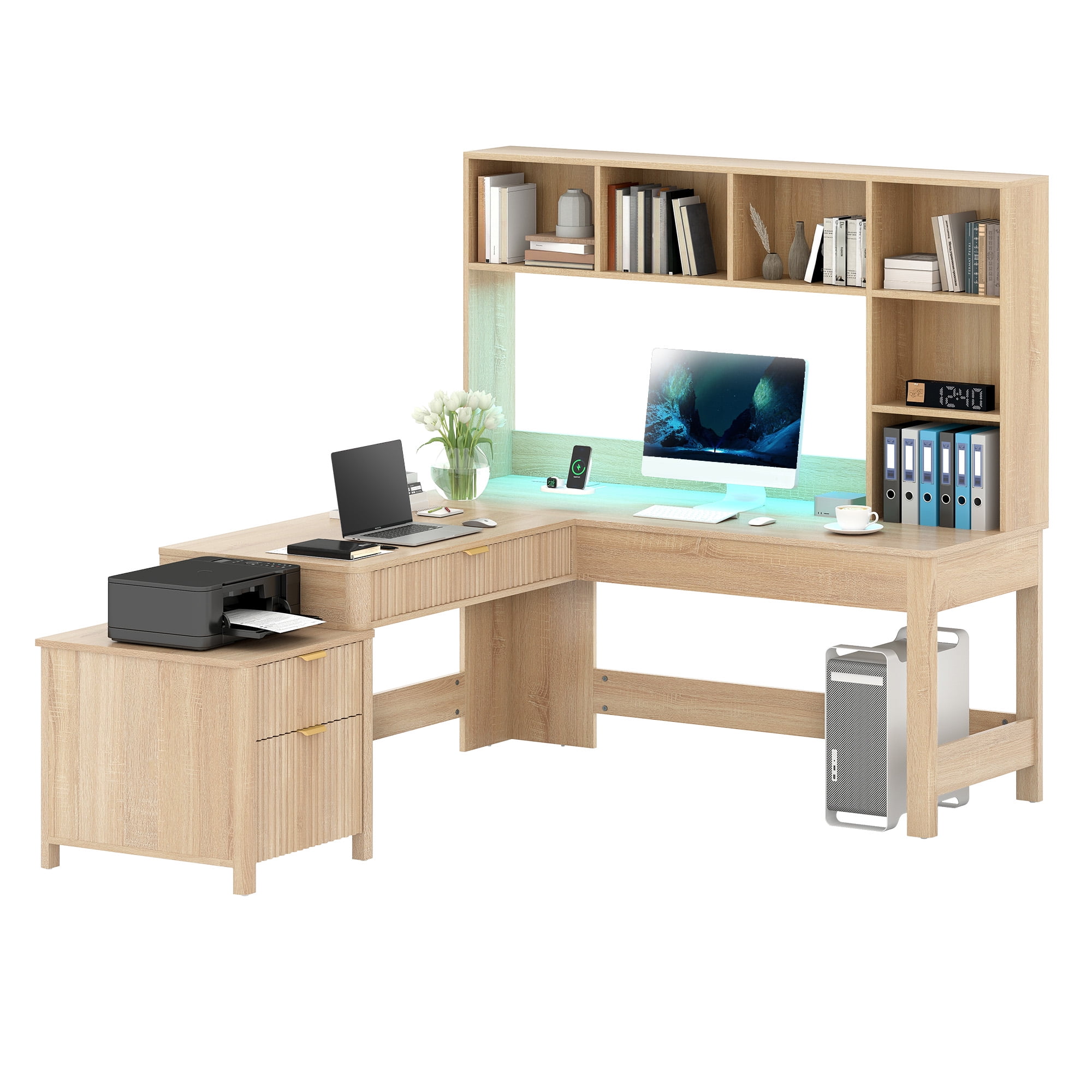 Craftian L Shape Desk with LED Light & Hutch,  Home Office Computer  Desk Executive Desk with Drawers