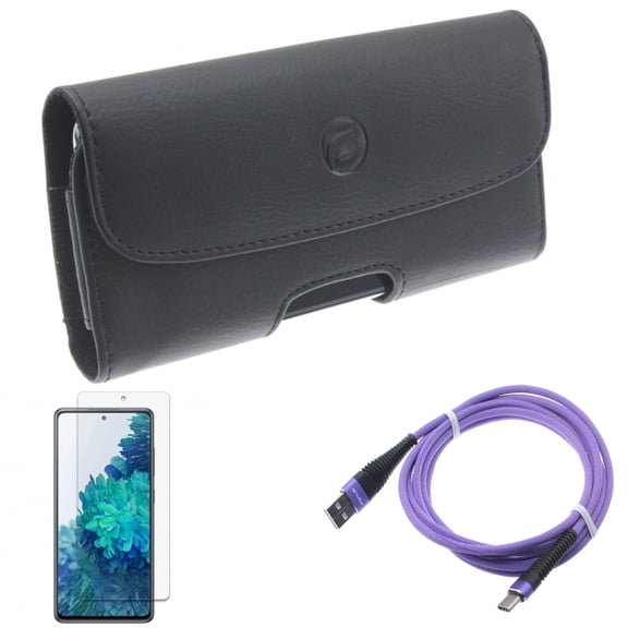 Screen Protector & Case Belt Clip & 10ft USB Cable for Samsung Galaxy S20 Fan Edition - Anti-Glare Tempered Glass   Leather Holster   Purple Type-C Combo