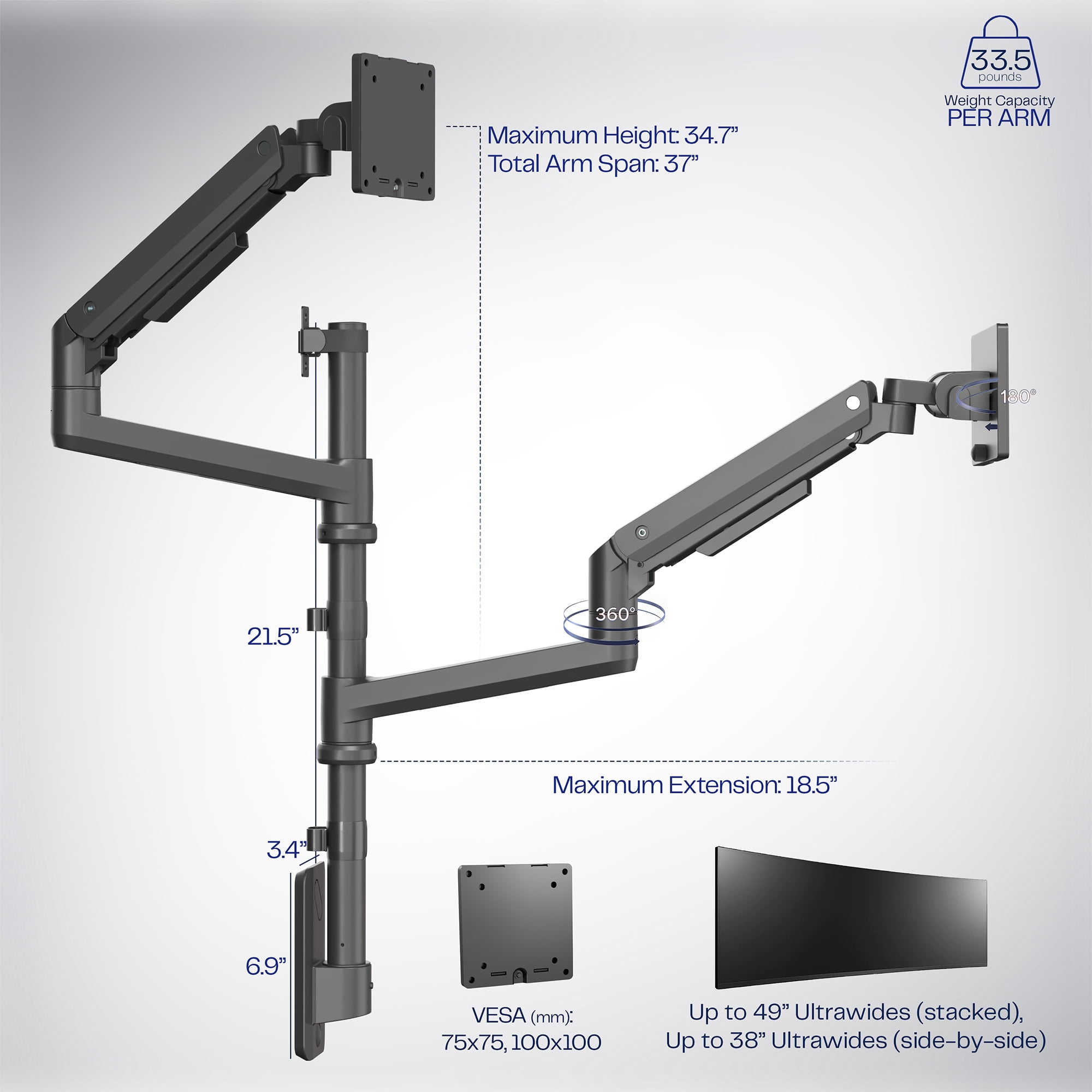 VIVO Dual Pneumatic Monitor Wall Mount, Fits Ultrawide Screens up to 49"