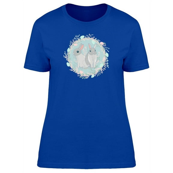 Two Cute Rabbits Blue Wreath T-Shirt Women -Image by Shutterstock, Female Medium
