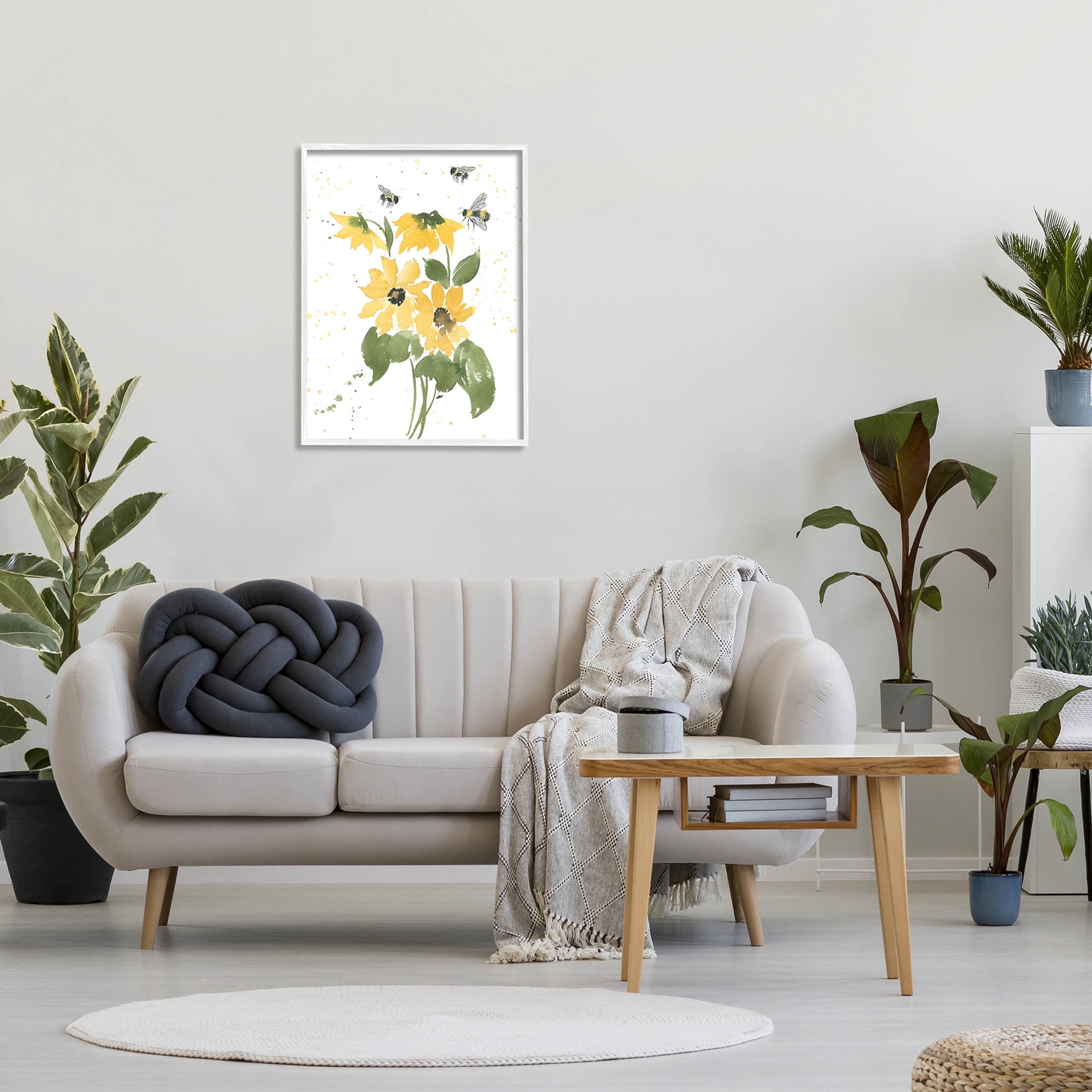 Stupell Industries Buzzing Bees Flower Blossom Graphic Art White Framed Art Print Wall Art, Design by Lucille Price