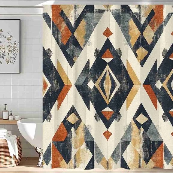 70x70 inch Navy Blue and Rust Orange Geometric Shower Curtain, Waterproof Polyester Fabric with Hooks for Bathroom Decor