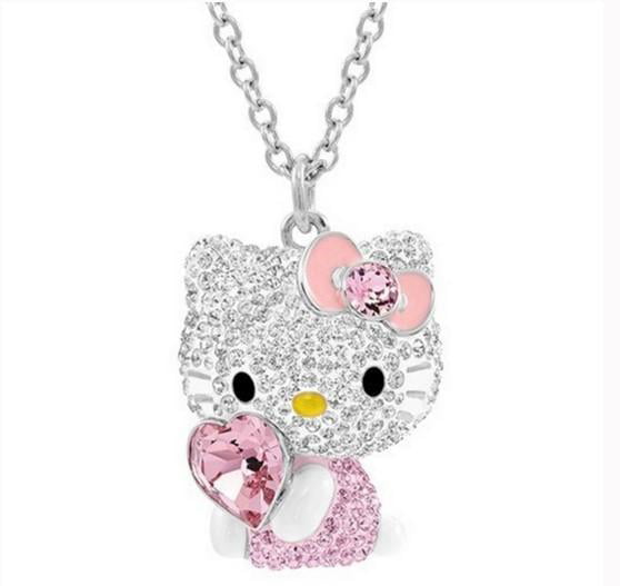 1 CT Crystal Hello Kitty cat Heart LOVE Silver Necklace gift #043 