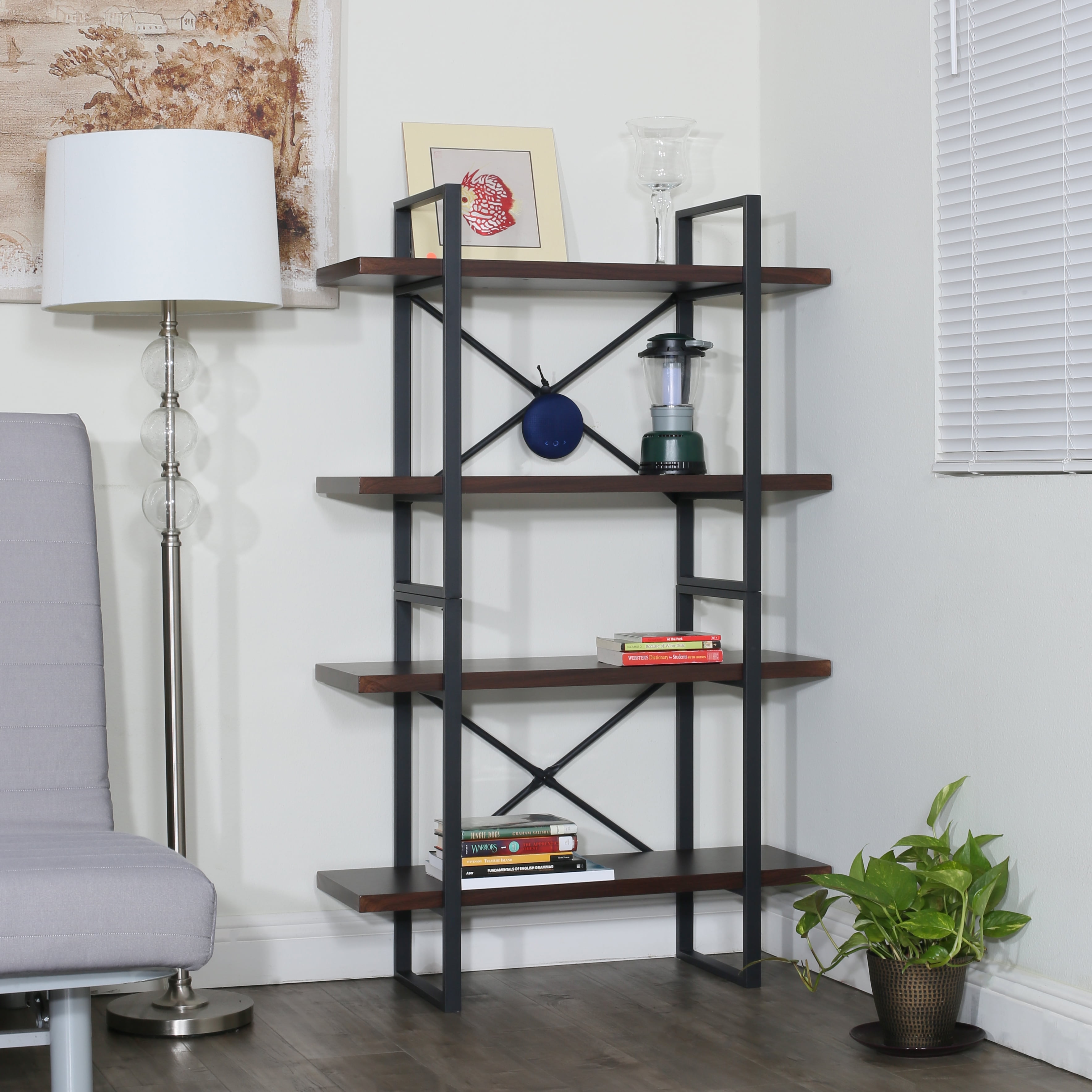 4Tier Industrial Open Wider Etagere Bookcase Metal Frame Wood Shelves