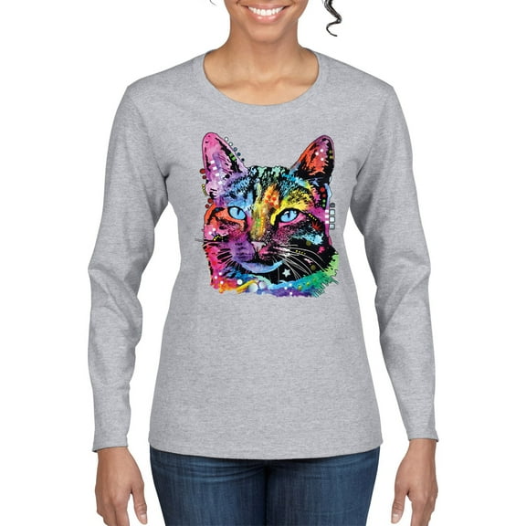 Cute Cat | Dean Russo Art Animal Lover Womens Long Sleeve T-Shirt, Heather Grey, Large