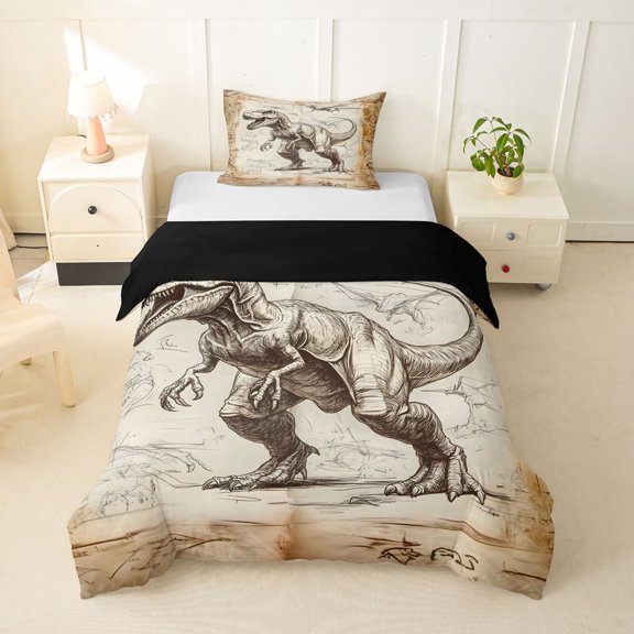 Homewish Woodland Dinosaur Twin Duvet Cover,Minimalist Sketch Dino Twin Bedding,Brown,Black Reversible,2 Pieces,1 Duvet Cover and 1 Pillowcase