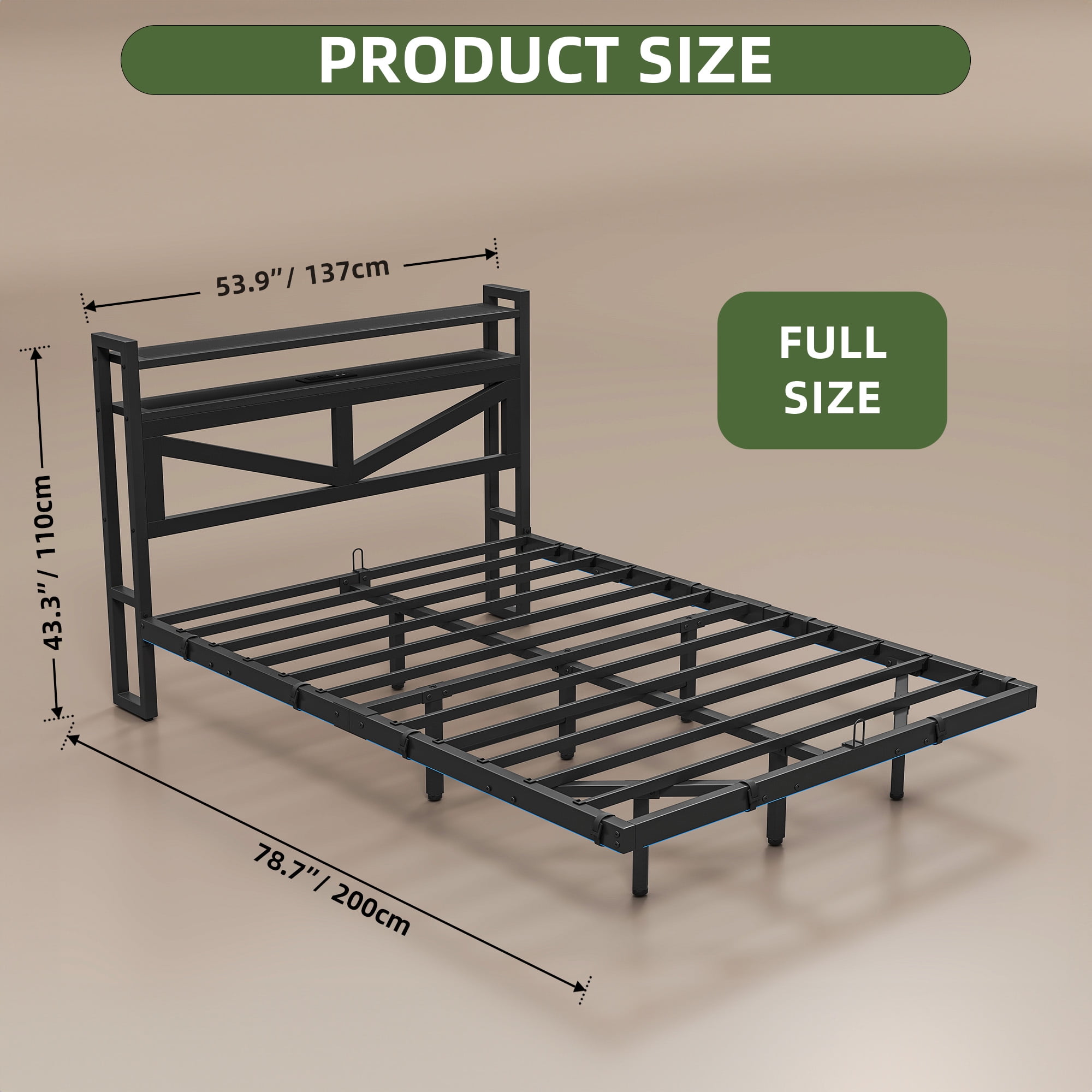 Uforic Modern Floating Bed Frame, Full Size Bed Platform with 2-tier Storage Headboard, Noiseless Metal Frame, Built-in Power Hub, and LED Lights, Black