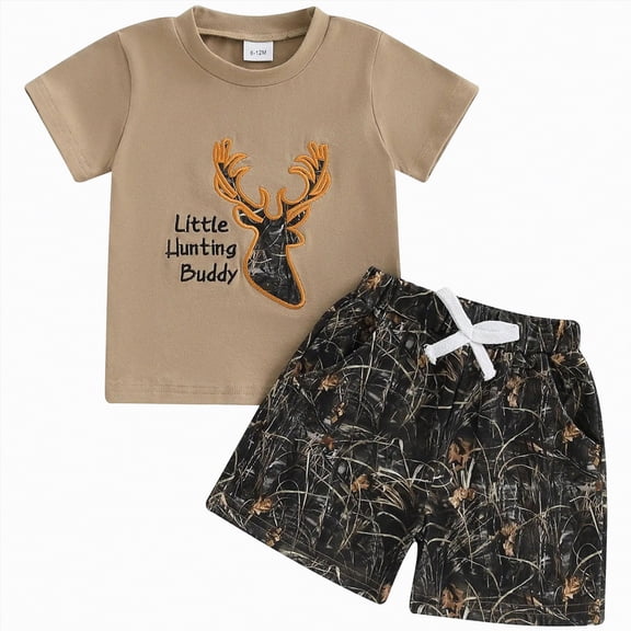 UngA Toddler Baby Boy Summer Clothes Mallard Duck/Deer Short Sleeve Shirt and Shorts Set 2Pcs Hunting Outfit (Brown,2-3 Years)