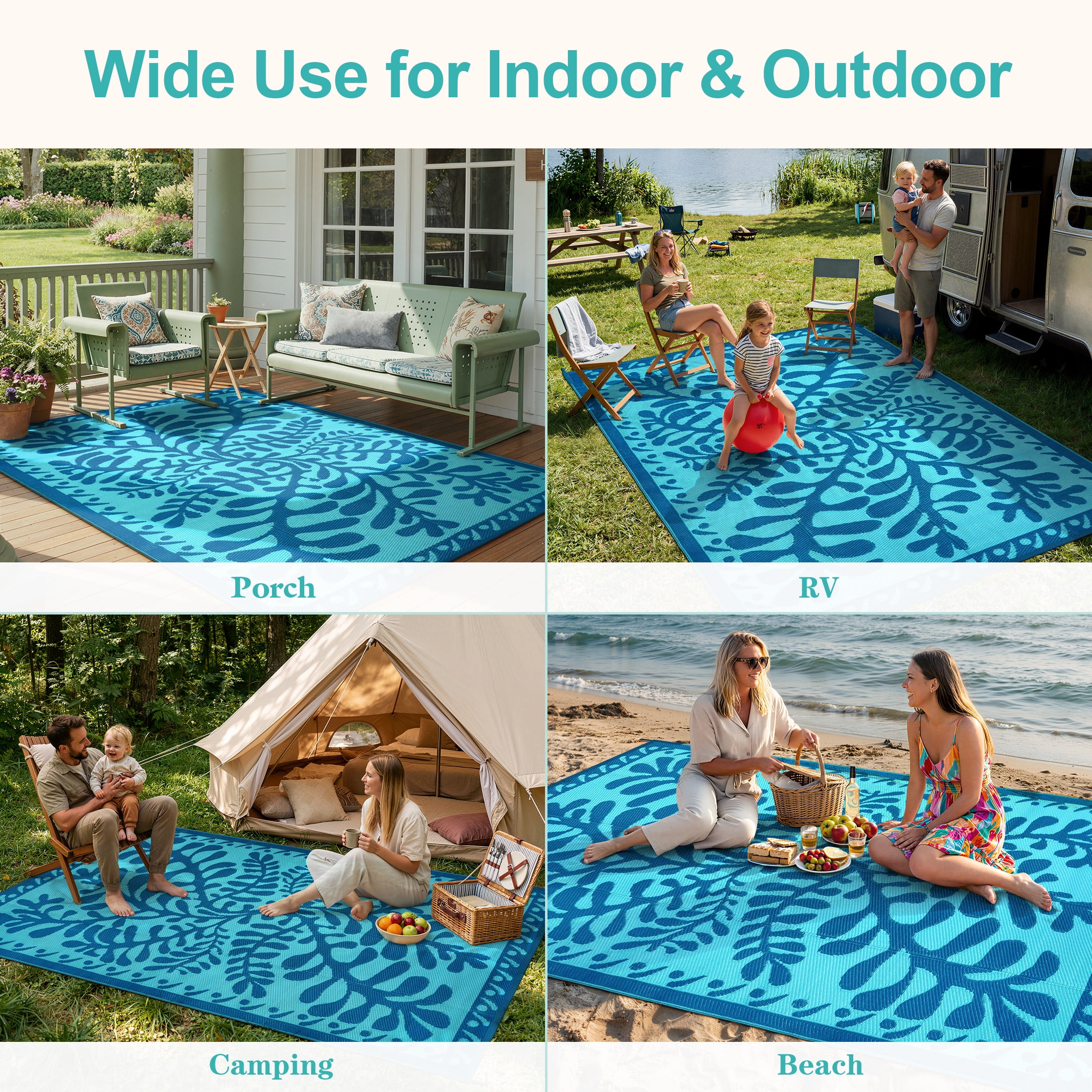Wonnitar 8'x10' Outdoor Rug Waterproof, Plastic Straw Portable Rugs for Outside, Large Reversible RV Outdoor Carpet,Modern Blue Purple Carpets for Picnic Garden Patio