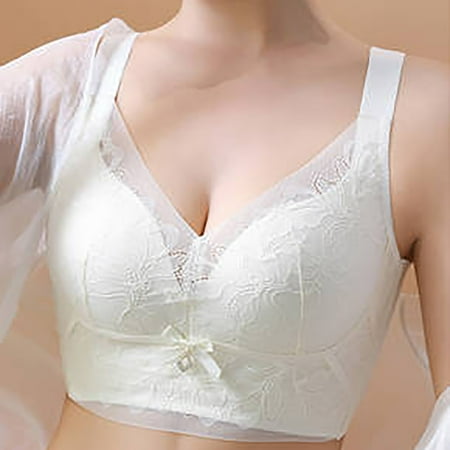 REORIAFEE Pushup Bras for Women Gathered Together No Wire Bras Lace Adjustable Straps Brassiere Comfy Wide Strap Breathable Corset Underwear Comfortable Classic Support Lingerie White XL