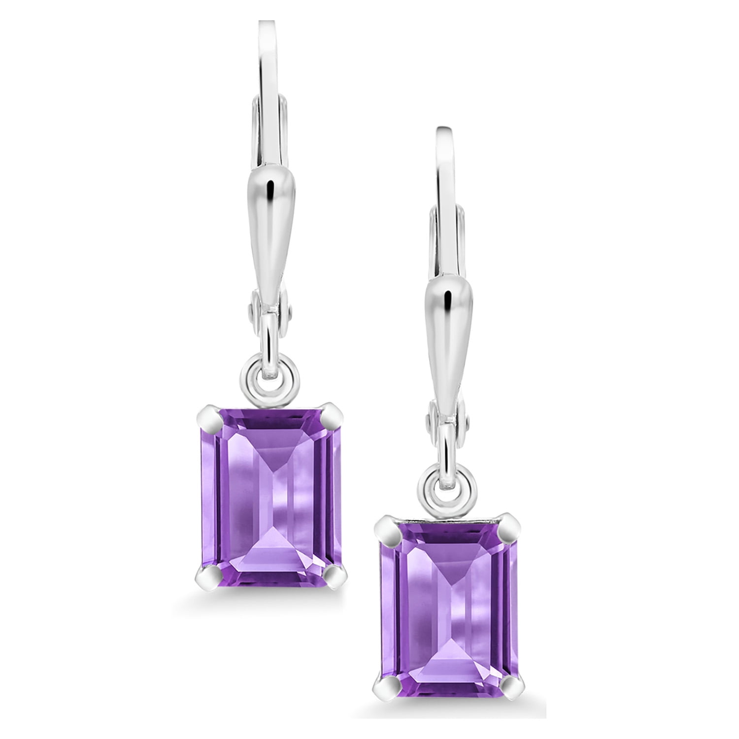 Gem Stone King 925 Sterling Silver Purple Amethyst Dangle Earrings for Women (3.00 Cttw, Gemstone February Birthstone, Emerald Cut 8X6MM)