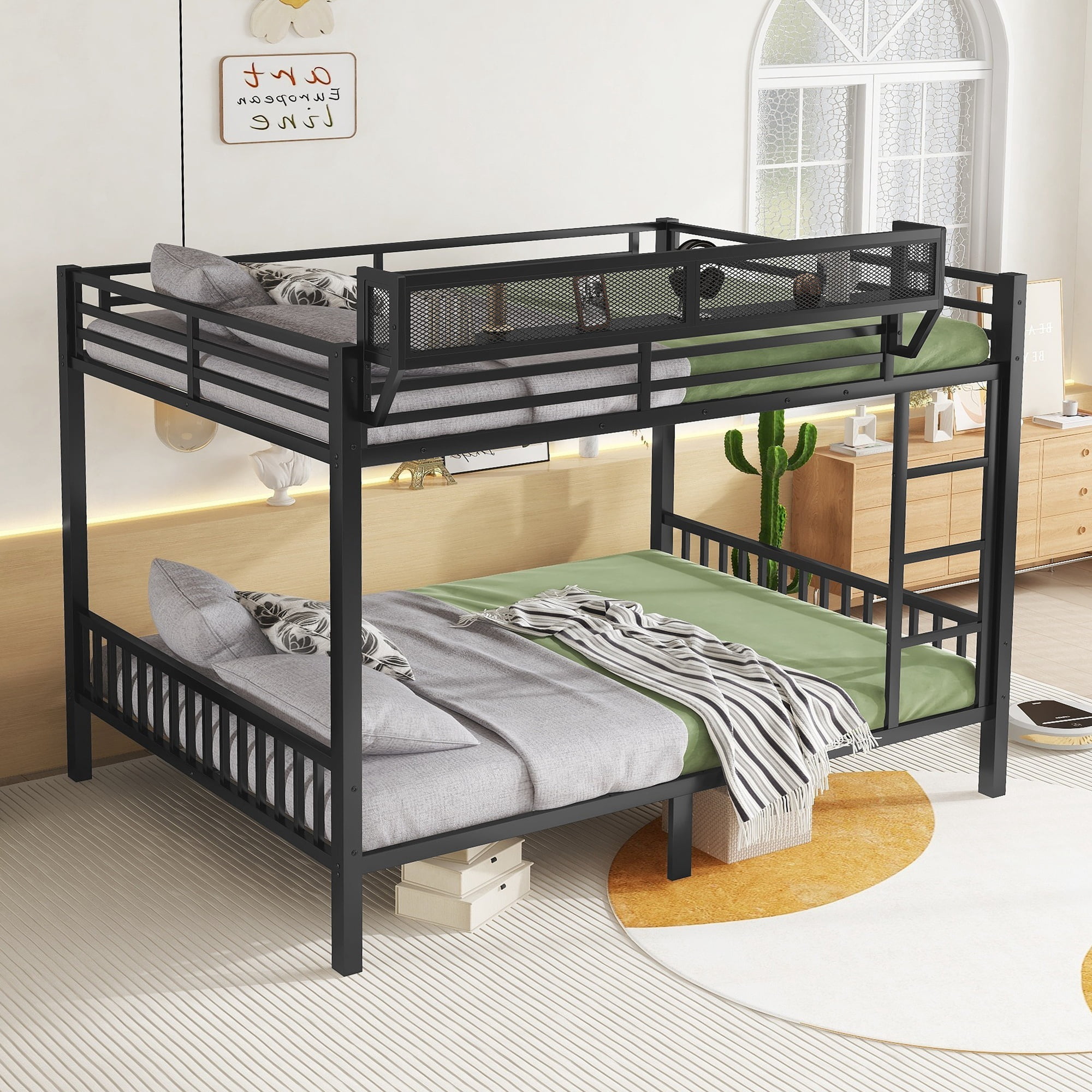 HOQBN Bunk Bed Queen over Queen,Heavy Duty Metal Bunk Bed Frame with Storage Shelf and Ladder,Black