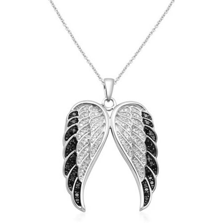 1/2 Carat T.W. Black and White Diamond Sterling Silver Angel Wing Pendant, 18