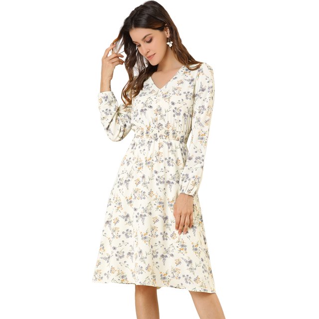 INSPIRE CHIC Robe Midi à Manches Longues Imprimé Floral Col en V pour Femmes